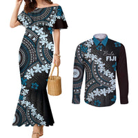 Bula Fiji Women's Day Couples Matching Mermaid Dress and Long Sleeve Button Shirt Indigo Masi Tapa