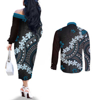 Bula Fiji Women's Day Couples Matching Off The Shoulder Long Sleeve Dress and Long Sleeve Button Shirt Indigo Masi Tapa
