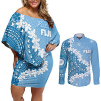 Bula Fiji Women's Day Couples Matching Off Shoulder Short Dress and Long Sleeve Button Shirt Turquoise Masi Tapa