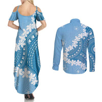 Bula Fiji Women's Day Couples Matching Summer Maxi Dress and Long Sleeve Button Shirt Turquoise Masi Tapa