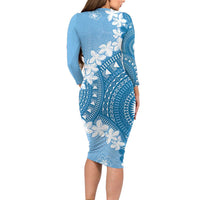 Bula Fiji Women's Day Family Matching Long Sleeve Bodycon Dress and Hawaiian Shirt Turquoise Masi Tapa