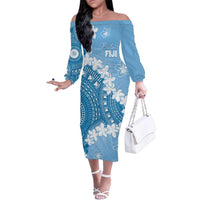 Bula Fiji Women's Day Family Matching Off The Shoulder Long Sleeve Dress and Hawaiian Shirt Turquoise Masi Tapa