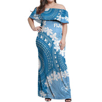 Bula Fiji Women's Day Off Shoulder Maxi Dress Turquoise Masi Tapa