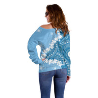 Bula Fiji Women's Day Off Shoulder Sweater Turquoise Masi Tapa
