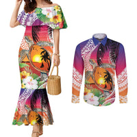 Polynesian Dreamy Turtle Couples Matching Mermaid Dress and Long Sleeve Button Shirt Sunset Scenery