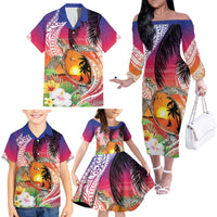 Polynesian Dreamy Turtle Family Matching Off The Shoulder Long Sleeve Dress and Hawaiian Shirt Sunset Scenery