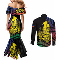 New Caledonia Kanaky Couples Matching Mermaid Dress and Long Sleeve Button Shirt Stylized Fleche Faitiere With Kagu Bird