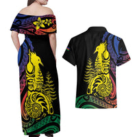 New Caledonia Kanaky Couples Matching Off Shoulder Maxi Dress and Hawaiian Shirt Stylized Fleche Faitiere With Kagu Bird LT7 - Polynesian Pride