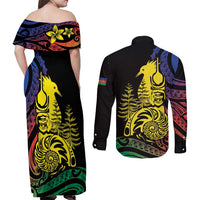 New Caledonia Kanaky Couples Matching Off Shoulder Maxi Dress and Long Sleeve Button Shirt Stylized Fleche Faitiere With Kagu Bird LT7 - Polynesian Pride