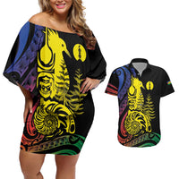 New Caledonia Kanaky Couples Matching Off Shoulder Short Dress and Hawaiian Shirt Stylized Fleche Faitiere With Kagu Bird LT7 Black - Polynesian Pride