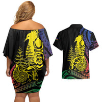 New Caledonia Kanaky Couples Matching Off Shoulder Short Dress and Hawaiian Shirt Stylized Fleche Faitiere With Kagu Bird LT7 - Polynesian Pride