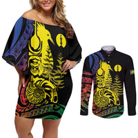 New Caledonia Kanaky Couples Matching Off Shoulder Short Dress and Long Sleeve Button Shirt Stylized Fleche Faitiere With Kagu Bird LT7 Black - Polynesian Pride