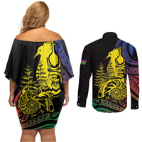 New Caledonia Kanaky Couples Matching Off Shoulder Short Dress and Long Sleeve Button Shirt Stylized Fleche Faitiere With Kagu Bird LT7 - Polynesian Pride