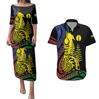 New Caledonia Kanaky Couples Matching Puletasi and Hawaiian Shirt Stylized Fleche Faitiere With Kagu Bird LT7 Black - Polynesian Pride
