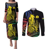 New Caledonia Kanaky Couples Matching Puletasi and Long Sleeve Button Shirt Stylized Fleche Faitiere With Kagu Bird LT7 Black - Polynesian Pride