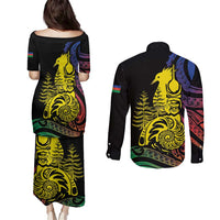 New Caledonia Kanaky Couples Matching Puletasi and Long Sleeve Button Shirt Stylized Fleche Faitiere With Kagu Bird LT7 - Polynesian Pride