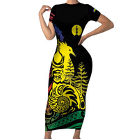 New Caledonia Kanaky Family Matching Short Sleeve Bodycon Dress and Hawaiian Shirt Stylized Fleche Faitiere With Kagu Bird LT7 Mom's Dress Black - Polynesian Pride