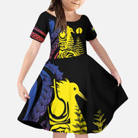 New Caledonia Kanaky Family Matching Tank Maxi Dress and Hawaiian Shirt Stylized Fleche Faitiere With Kagu Bird LT7 Daughter's Dress Black - Polynesian Pride