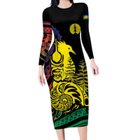 New Caledonia Kanaky Long Sleeve Bodycon Dress Stylized Fleche Faitiere With Kagu Bird LT7 Long Dress Black - Polynesian Pride