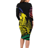 New Caledonia Kanaky Long Sleeve Bodycon Dress Stylized Fleche Faitiere With Kagu Bird LT7 - Polynesian Pride