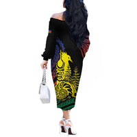 New Caledonia Kanaky Off The Shoulder Long Sleeve Dress Stylized Fleche Faitiere With Kagu Bird LT7 - Polynesian Pride