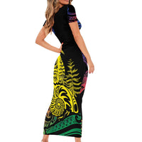 New Caledonia Kanaky Short Sleeve Bodycon Dress Stylized Fleche Faitiere With Kagu Bird LT7 - Polynesian Pride