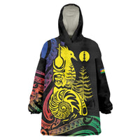 New Caledonia Kanaky Wearable Blanket Hoodie Stylized Fleche Faitiere With Kagu Bird LT7 One Size Black - Polynesian Pride