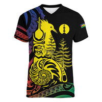 New Caledonia Kanaky Women V-Neck T-Shirt Stylized Fleche Faitiere With Kagu Bird