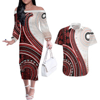 Bula Fiji Vintage Tapa Couples Matching Off The Shoulder Long Sleeve Dress and Hawaiian Shirt Kaivity Masi Wave Motifs - Red
