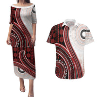 Bula Fiji Vintage Tapa Couples Matching Puletasi and Hawaiian Shirt Kaivity Masi Wave Motifs - Red LT7 Red - Polynesian Pride