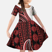 Bula Fiji Vintage Tapa Family Matching Long Sleeve Bodycon Dress and Hawaiian Shirt Kaivity Masi Wave Motifs - Red LT7 Daughter's Dress Red - Polynesian Pride