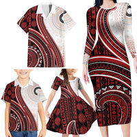 Bula Fiji Vintage Tapa Family Matching Long Sleeve Bodycon Dress and Hawaiian Shirt Kaivity Masi Wave Motifs - Red LT7 - Polynesian Pride