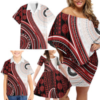 Bula Fiji Vintage Tapa Family Matching Off Shoulder Short Dress and Hawaiian Shirt Kaivity Masi Wave Motifs - Red LT7 - Polynesian Pride