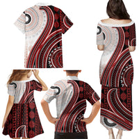 Bula Fiji Vintage Tapa Family Matching Puletasi and Hawaiian Shirt Kaivity Masi Wave Motifs - Red