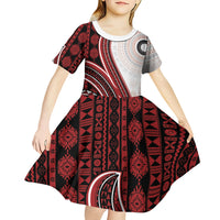 Bula Fiji Vintage Tapa Kid Short Sleeve Dress Kaivity Masi Wave Motifs - Red LT7 - Polynesian Pride