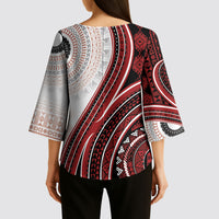 Bula Fiji Vintage Tapa Kimono Sleeve Blouse Kaivity Masi Wave Motifs - Red