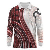 Bula Fiji Vintage Tapa Long Sleeve Polo Shirt Kaivity Masi Wave Motifs - Red LT7 Red - Polynesian Pride
