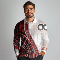 Bula Fiji Vintage Tapa Long Sleeve Polo Shirt Kaivity Masi Wave Motifs - Red LT7 - Polynesian Pride