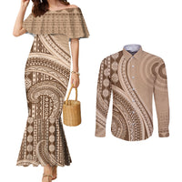 Bula Fiji Vintage Tapa Couples Matching Mermaid Dress and Long Sleeve Button Shirt Kaivity Masi Wave Motifs - Mocha