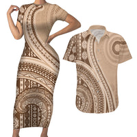 Bula Fiji Vintage Tapa Couples Matching Short Sleeve Bodycon Dress and Hawaiian Shirt Kaivity Masi Wave Motifs - Mocha LT7 Beige - Polynesian Pride