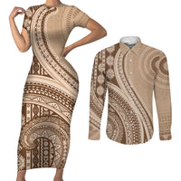 Bula Fiji Vintage Tapa Couples Matching Short Sleeve Bodycon Dress and Long Sleeve Button Shirt Kaivity Masi Wave Motifs - Mocha