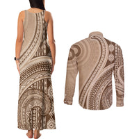 Bula Fiji Vintage Tapa Couples Matching Tank Maxi Dress and Long Sleeve Button Shirt Kaivity Masi Wave Motifs - Mocha LT7 - Polynesian Pride