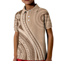 Bula Fiji Vintage Tapa Kid Polo Shirt Kaivity Masi Wave Motifs - Mocha LT7 Kid Beige - Polynesian Pride