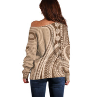 Bula Fiji Vintage Tapa Off Shoulder Sweater Kaivity Masi Wave Motifs - Mocha