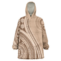 Bula Fiji Vintage Tapa Wearable Blanket Hoodie Kaivity Masi Wave Motifs - Mocha LT7 One Size Beige - Polynesian Pride