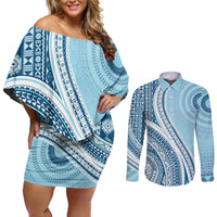 Bula Fiji Vintage Tapa Couples Matching Off Shoulder Short Dress and Long Sleeve Button Shirt Kaivity Masi Wave Motifs - Turquoise LT7 Turquoise - Polynesian Pride