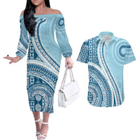 Bula Fiji Vintage Tapa Couples Matching Off The Shoulder Long Sleeve Dress and Hawaiian Shirt Kaivity Masi Wave Motifs - Turquoise LT7 Turquoise - Polynesian Pride