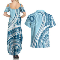 Bula Fiji Vintage Tapa Couples Matching Summer Maxi Dress and Hawaiian Shirt Kaivity Masi Wave Motifs - Turquoise