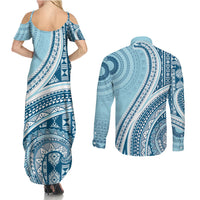 Bula Fiji Vintage Tapa Couples Matching Summer Maxi Dress and Long Sleeve Button Shirt Kaivity Masi Wave Motifs - Turquoise LT7 - Polynesian Pride