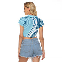 Bula Fiji Vintage Tapa Raglan Cropped T Shirt Kaivity Masi Wave Motifs - Turquoise LT7 - Polynesian Pride